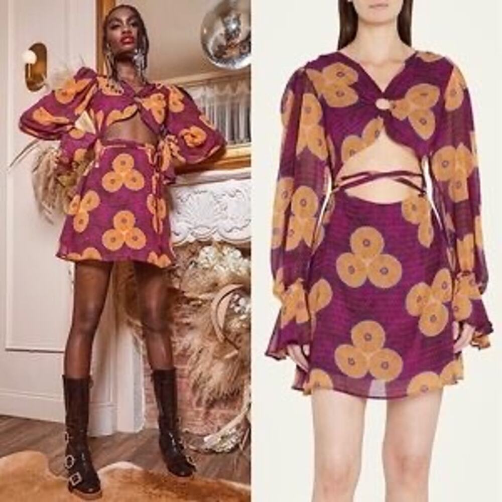 Autumn Adeigbo Amelie Printed Cut-Out Mini A-Line Dress In Mult Size 4 Nwt525